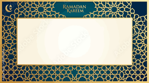 Elegant Ramadan greeting vector banner with intricate Islamic geometric pattern frame and crescent moon