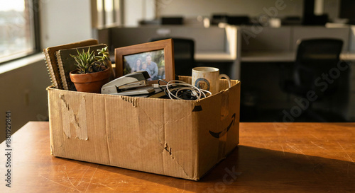 Bild auf Leinwand Cardboard Box with Office Supplies on Desk for Job Loss