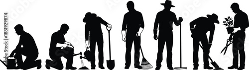 Silhouettes of people engaged in various gardening activities gardening tools