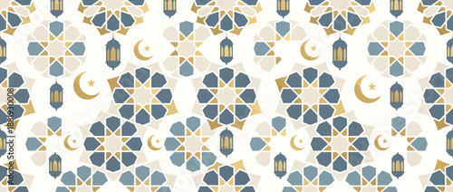 Geometric Islamic pattern vector illustration with moon and lanterns in gold and blue
