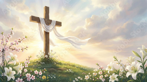Empty Cross with White Cloth on a Hilltop at Sunrise with Easter Lilies and Cherry Blossoms