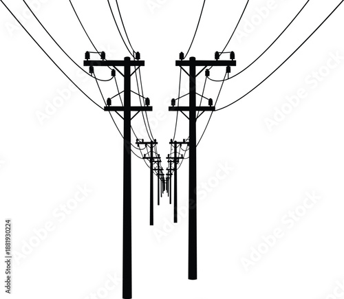 Black utility poles with multiple power lines and insulators in a perspective view