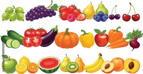 Colorful fruit and vegetable illustration collection featuring fresh produce varieties for healthy food designs, nutrition projects, and grocery branding
