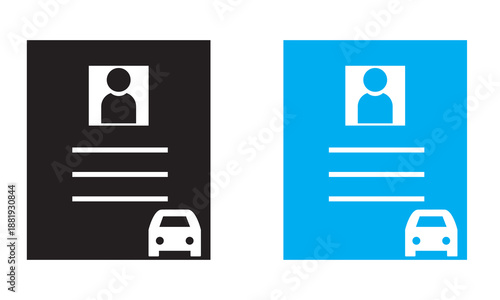 License identification card icon . Minimal flat icons showing license or ID card with profile photo and car symbol, suitable for apps, interfaces, and documents.


