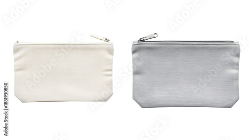 Two minimalist zippered pouches, one cream, one grey, against a stark black background. Perfect for everyday carry