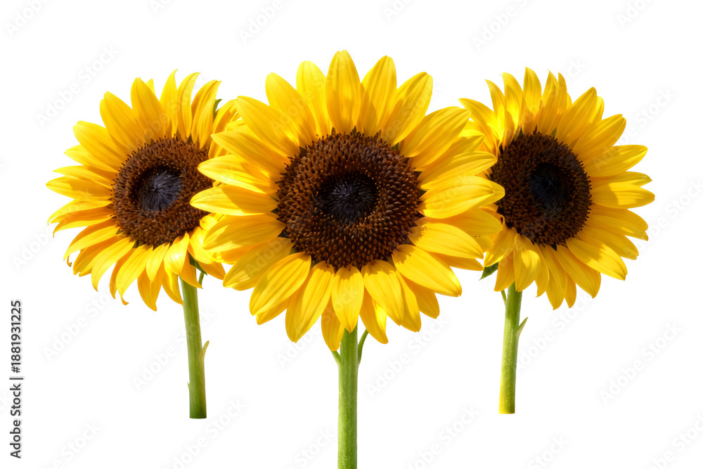 Obraz premium Three Yellow Sunflowers with Green Stems