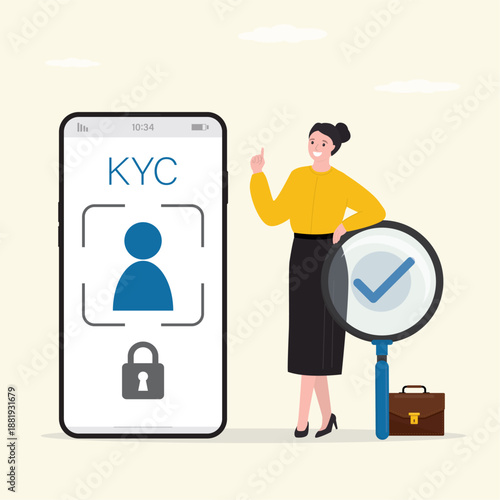 KYC, Know Your Customer. Profile identity symbol on mobile phone. Manager or banker use magnifying glass for personal identification. Technology of KYC