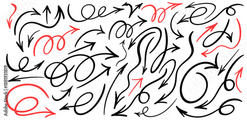 Doodle spiral black and red arrows set. Hand drawn arrows. Design quirky twist line, curve wave arrow. Sketch arrow design for business plan, education. Circle arrow, rotate arrow, redo process symbol