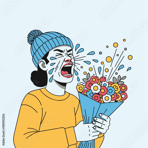 Woman sneezing violently holding flowers in shock from allergic reaction outdoors