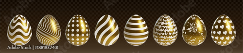 Golden Easter eggs set isolated on transparent. Vector realistic illustration of gold holiday shape with creative white stripe, dot, heart, splash pattern on eggshell, greeting card design elements