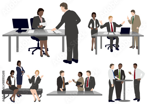 Multiple scenes depicting diverse business professionals engaged in various office interactions, including meetings, discussions, and collaborations.