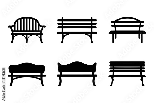 Variety of bench silhouette designs for park or garden . Isolated on transparent background