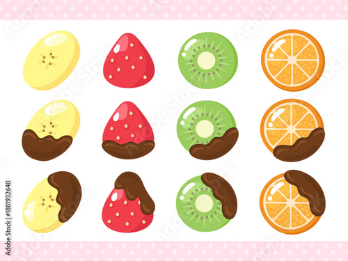 Cartoon illustration of various fruits including bananas, strawberries, kiwis, and oranges, some plain and some dipped in chocolate.