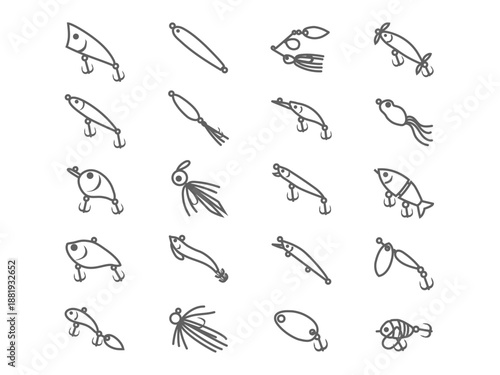A collection of various fishing lures and baits in simple line art style, featuring different designs and hooks for angling.