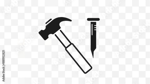 Hammer and nail icons on transparent background