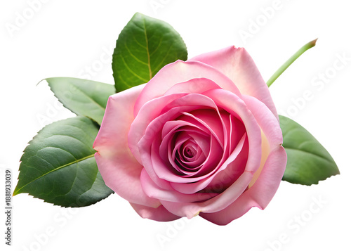 Pink rose with green leaves on black background flower