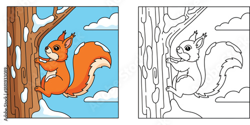 Cute cartoon red squirrel climbing a snowy tree trunk in winter. Happy animal with fluffy tail sitting on a branch outdoors with blue sky and clouds. Vector illustration for kids.