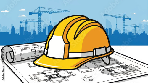 Construction Helmet on Blueprints with Cityscape Background