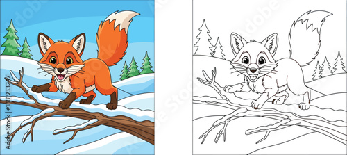 Cute cartoon red fox walking on a snowy tree branch in a winter forest. Happy wild animal with fluffy tail posing outdoors with pine trees. Vector illustration for kids.