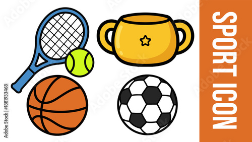 Sports Equipment Balls and Trophy Cup Vector Icons
