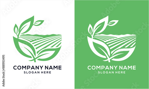 Green Farm Field and Leaf Logo Design for Agricultural Business.