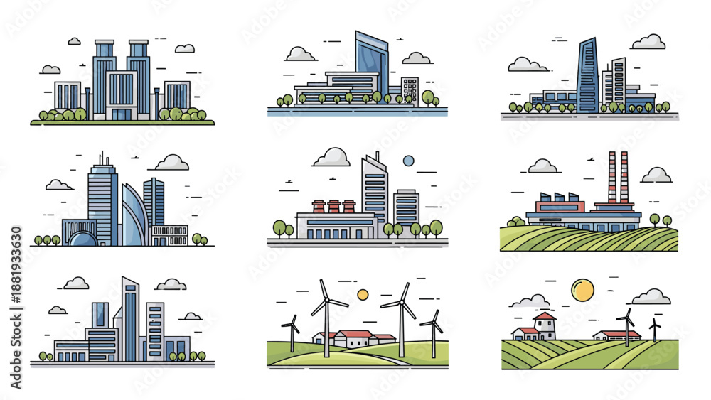 Naklejka premium Collection of flat design illustrations showing urban cityscapes with skyscrapers and rural farms with modern wind turbines.