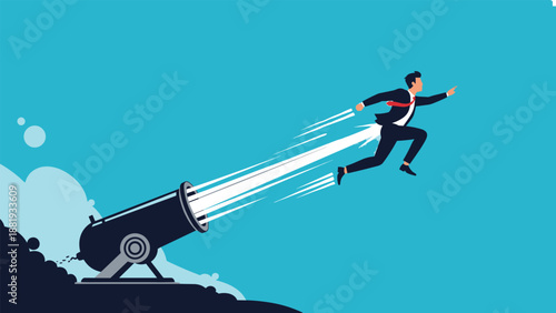 Professional businessman being launched into the sky from a large industrial cannon as a metaphor for rapid career growth and success.