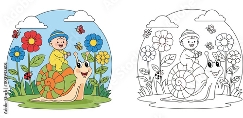 Cute cartoon baby riding a giant happy snail in a fantasy garden. Toddler sitting on a snail shell surrounded by colorful flowers, butterflies, and a ladybug. Vector illustration for kids.