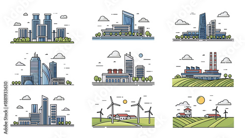 Collection of flat design illustrations showing urban cityscapes with skyscrapers and rural farms with modern wind turbines.
