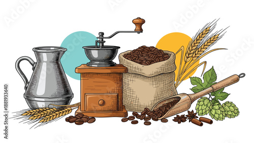 Hand-drawn artistic composition of coffee beans, a manual grinder, a sack, and brewing ingredients in a rustic vintage style.