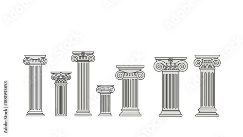 Assortment of classical Greek and Roman architectural columns of different heights and ornate styles for various design projects.