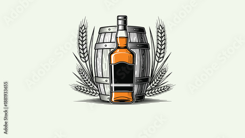 Detailed woodcut illustration of a whiskey bottle positioned in front of a wooden barrel and ears of ripe wheat or barley.