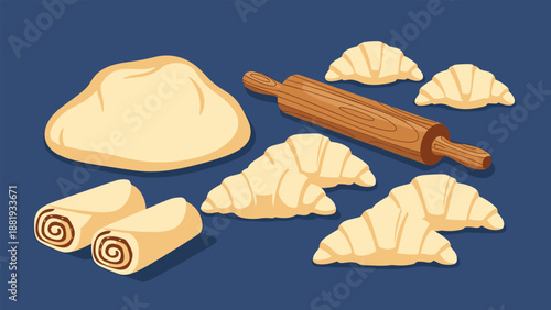 Selection of freshly baked croissants, cinnamon rolls, and raw dough with a wooden rolling pin on a dark blue background.