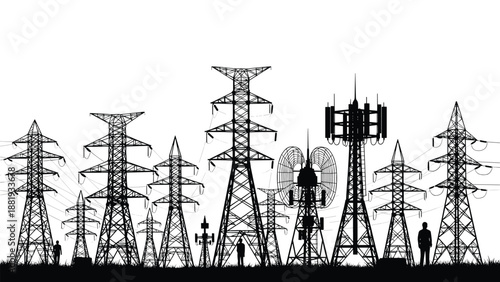 Detailed black silhouettes of various high voltage power lines, transmission towers, and communication antennas in a field.