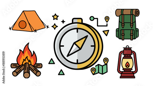 Outdoor Camping and Hiking Adventure Vector Icon Set