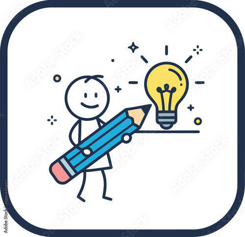 A stick figure holding a large pencil next to a bright light bulb represents creativity and idea generation