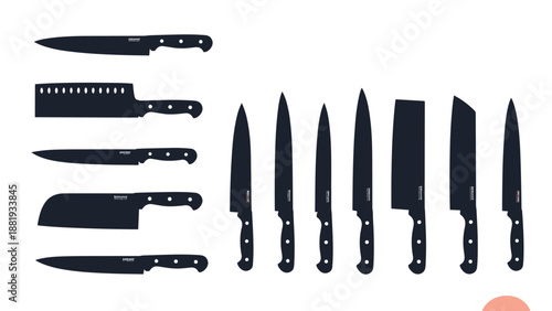Extensive selection of kitchen knife silhouettes in various shapes and sizes for professional cooking and culinary tasks.