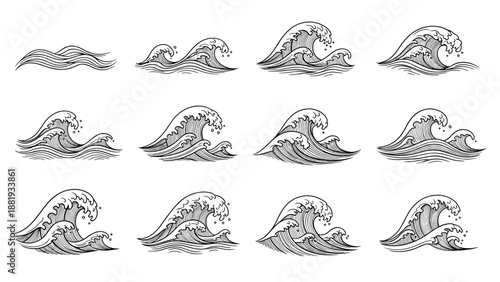 Collection of ocean wave illustrations in traditional woodcut and vintage engraving styles for sea and water design projects.