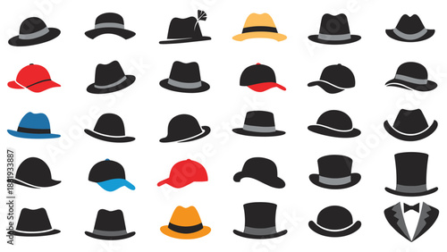 Diverse collection of hat icons including fedoras, baseball caps, top hats, and a tuxedo bowtie set for fashion design.