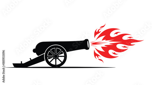Detailed black silhouette of a vintage artillery cannon blasting a massive red fireball of flames forward on a clean white background.