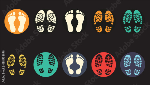Colorful collection of human bare footprints and shoe sole prints in various styles and circular frames on a dark background.