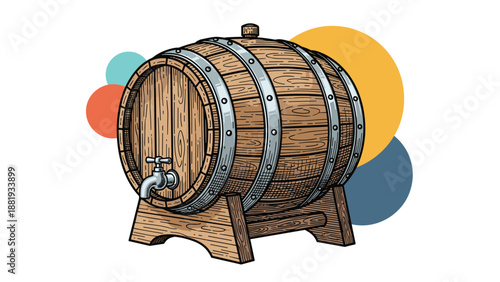 Classic wooden wine or beer barrel with metal hoops and a spigot tap resting on a sturdy timber stand against abstract circles.