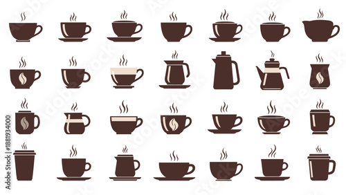 Extensive collection of dark brown icons representing various styles of coffee and tea cups, mugs, and pots with steam.