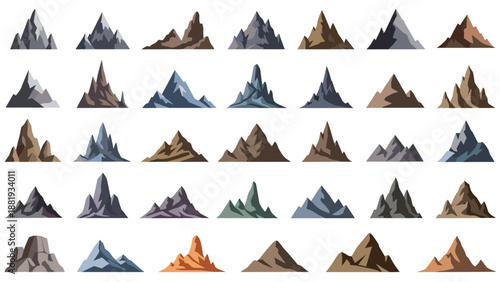 Large set of thirty five distinct mountain peak icons in various shapes and colors representing diverse landscapes and terrains.