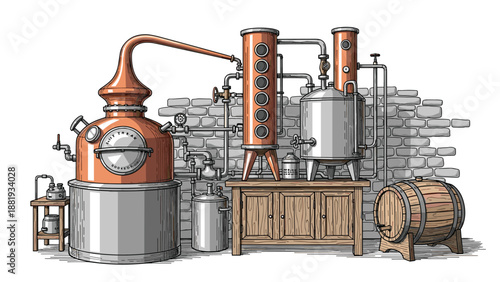Complex vintage distillation machine for alcohol production featuring copper pots, pipes, and a wooden barrel in a brick room.