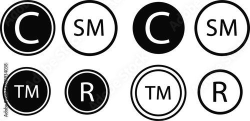 Copyright Trademark Service Mark and Registered Symbol Icons in Black and White vector illustration