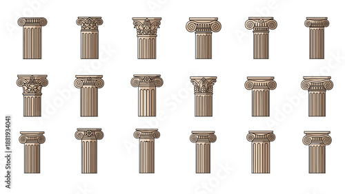 Collection of eighteen detailed classical architectural column capitals in various historical styles and ornate decorative designs.