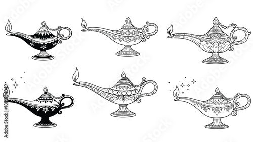 Six beautifully detailed black and white illustrations of magic oil lamps with intricate patterns and small flames at the spouts.
