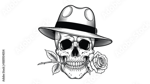 Hand drawn woodcut style illustration of a human skull wearing a stylish fedora hat with a long stemmed rose in its teeth.