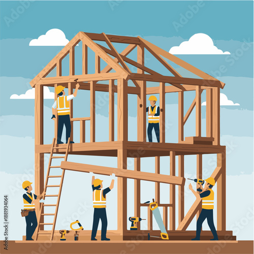 Construction workers building a house frame.